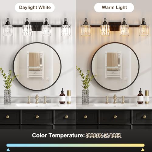 Image of GarveeTech Bathroom Vanity Light Fixtures Modern Crystal Vanity Light Fixtures Over Mirror, 4 Light Modern Crystal Wall Lighting with Square Shade(Black)