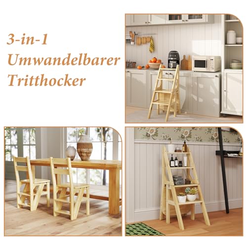 uyoyous Klappbar Tritthocker, Zusammenklappbar Holz Faltstuhl Trittstuhl, Faltbarer 4 Stufen Hocker, Multifunktionale Blumenständer und Klapphocker für Küche Bibliothek Wohnzimmer