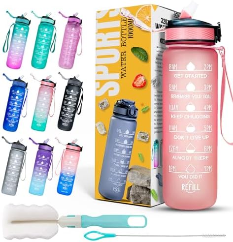 K-MART Sports Water Bottle with Straw and Time Marking, and 32OZ Capacity - Motivational and Eco-Friendly BPA-Free Bottle for Running, Gym, Yoga, Outdoors, and Camping (Style-1, Grey)