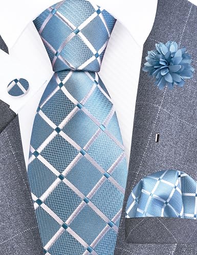Image of GUSLESON 3.15 inch(8cm) Mens Tie and Lapel Pin Plaid Checkered Necktie Hankerchief Cufflinks Set for Men