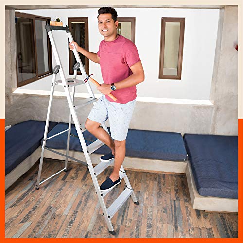 Image of Bathla Elevate 7-Step Foldable Aluminium Ladder for Home with Tool Tray | Anti-Skid | Durable, Heavy Duty, Safe & Stylish | 5-Year Warranty | Black