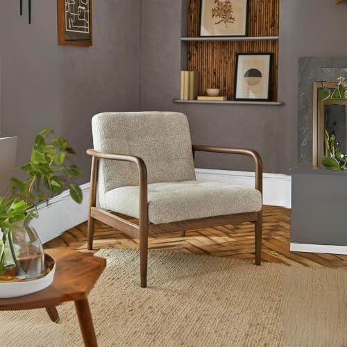 Image of Kingsman Furnitures Benette Premium Teak Wood Armchair for Living Room | Bedroom | Drawing Room | Elegant Matte Finish with Luxurious | Comfortable and Durable Seating (BENETT-Boucle)