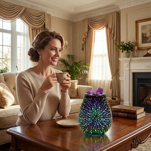 Image of Inrorans Glass Electric Wax Melt Warmer Oil Burner with Stable Heating PTC Reusable Silicone Tray 7 Colorful Changing Led Light Night Light Scent Warmer for Home Fragrance Warmers-Fireworks Timer