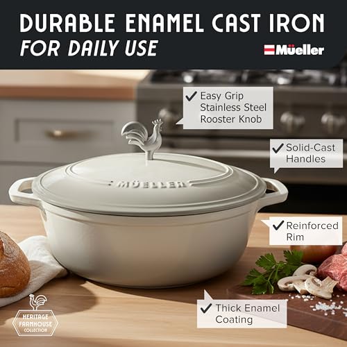 MUELLER HOME 5.5 Quart Enameled Cast Iron Oval Dutch Oven with Rooster Knob & Cotton Potholders, Heavy-Duty Cookware, Ov - Additional View