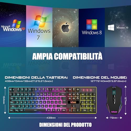 K10 Set Tastiera e Mouse da Gioco Wireless, Retroilluminazione a RGB, Batteria Ricaricabile da 3800 mAh, Sensazione Meccanica, Anti-Ghosting+Mouse 7D 3200DPI, Layout IT QWERTY, Giocatori PC - Tastiera gaming - Immagine 3