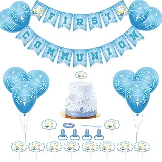 Holy Communion Decorations for Boys, First Communion Confirmation Supplies with God Bless Bunting Banner Cupcake Toppers Balloons, Christening Baptism Decor for Kids Birthday Party-Blue