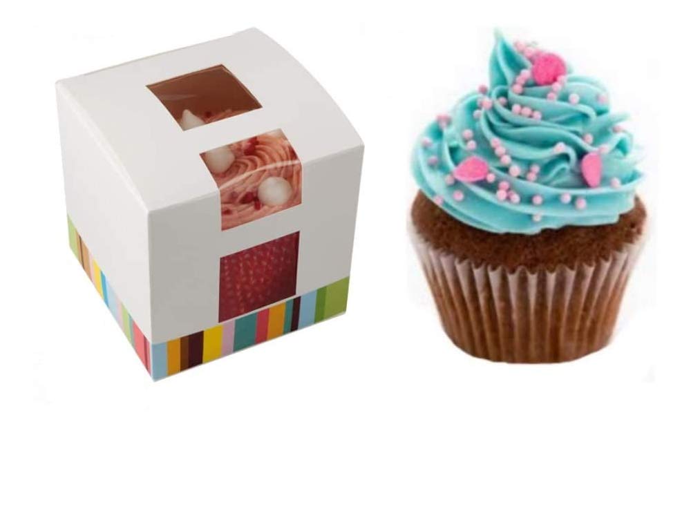 MustBeBonkers Heavy Duty Kraft Striped Windowed Cardboard Single Cupcake Boxes with Removable Lid – For Bakeries, Restaurants, Food Stalls – Disposable Biodegradable Recyclable (40)