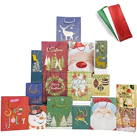 Smarimple Christmas Gift Bags 16 PCS Christmas Bags Bulk Assorted Sizes with Handles and 12 Sheet Tissue Papers 16 Holiday Designs 3 Jumbo 5 Large 6 Medium 2 Wine Bags for Xmas Holiday Present Cover