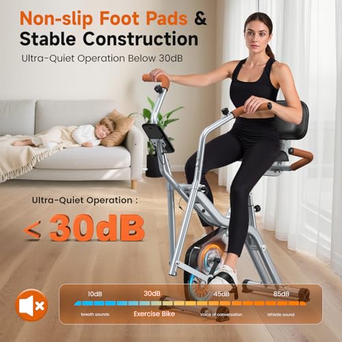 Image of pooboo Foldable Exercise Bike, Stationary Bike with Elliptical Mode, 8-Level Magnetic Resistance, Silent Indoor Bike for Home Fitness and Rehab Training, Adjustable Seat&Handrail, LCD monitor, 300LBS (Silver)