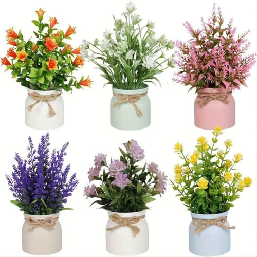 GANCEI Juego de 6 flores artificiales en maceta, plantas falsas con macetas rústicas, flores sintéticas de plástico PE para decoración del hogar, sala de estar, dormitorio (6 macetas-3)