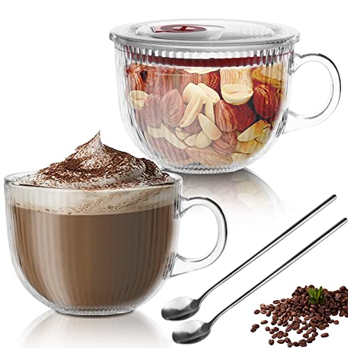 Ouloveco Glass Cereal Bowl Clear Oatmeal Bowl With Handle Spoon,Glass Coffee Mug With Lids Milk Breakfast Bowls Yogurt Bowl For Latte Dessert Beverage Tea Microwave Safe,400Ml/13.5 Oz,Set Of 2 #TOP6