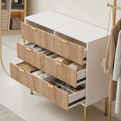 Julyue Cassettiera 6 Cassetti, Comò per Camera da Letto e Soggiorno, Mobile con Maniglie Oro, Bianco e Legno (1PCS, 100x34x73cm)