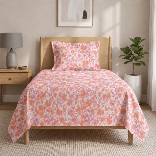 Image of LANE LINEN Symphony | 100% Cotton Sheet Set | Soft & Breathable Fabric | 2 Piece (1 Bedsheet + 1 Pillow Cover) | Single Bed Sheet Set - Coral & Lavender Painted Leaf