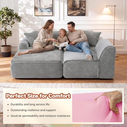 Image of KEIKI 2Seat Modular Boneless Sectional Corduroy Sofa Couch with Chaise for City Apartment Apartment Living Family Friendly Homeowners Soft Plush Comfortable Cozy Relaxing Contemporary Design Grey