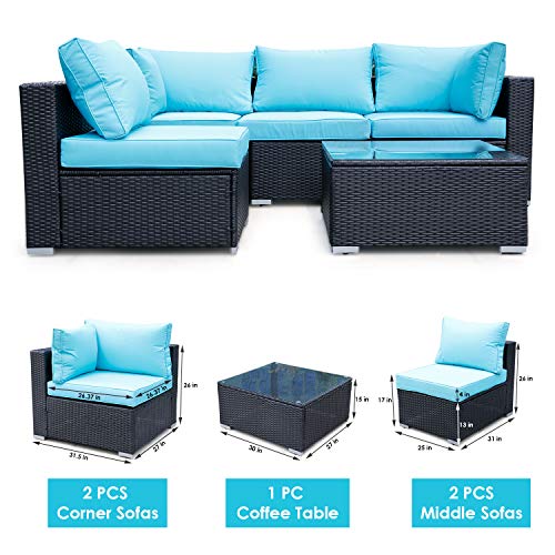 Viewee 5-Piece Patio Furniture Set PE Black Rattan All-Weather Wicker Sectional Outdoor Sofa Washable Blue 4-Cushions & 6-Pillows (Extra Gift: Ratchet/Hex/Allen Wrench)