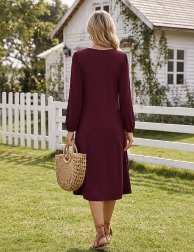 Image of Zeagoo Fall Dresses for Women Long Sleeve Midi Dress Casual A Line Dresses 2026 Pleated Flare Dress with Pockets