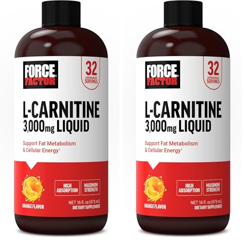 Force Factor L Carnitine Supplement, Liquid L-Carnitine 3000 mg to Help Turn Fat Into Energy, Support Muscle Recovery, and Boost Cellular Energy, Maximum Strength, Non-GMO, Orange Flavor, 16 Oz.