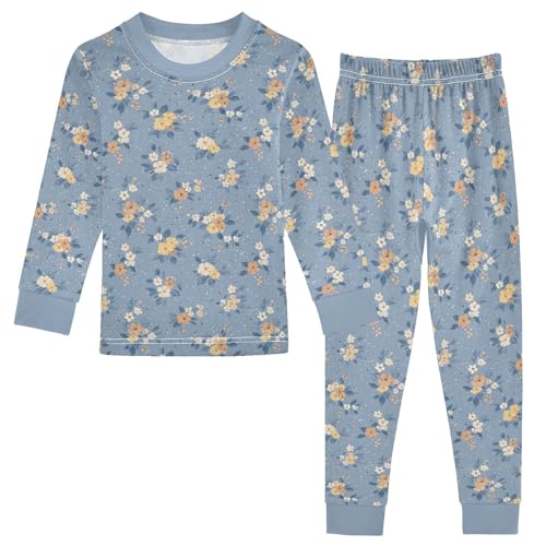 Cartoon Pajamas Set Flower Floral Pattern Blue Long Sleeve PJs Cotton Jammies Sleepwear Top and Pants