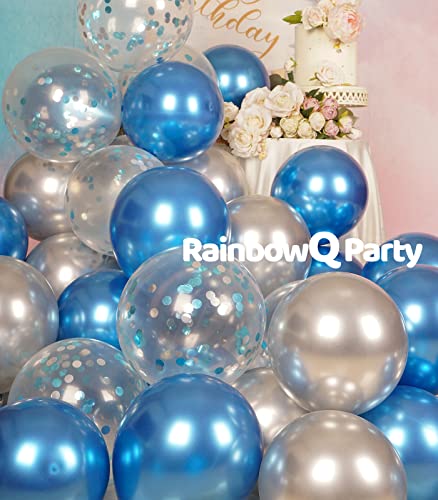 Image of Metallic Shiny Blue and Silver Balloons 12 Inch 67PCS Silver Blue Confetti Balloons Latex Helium Balloon Set for Graduation Wedding Birthday Party Decorations