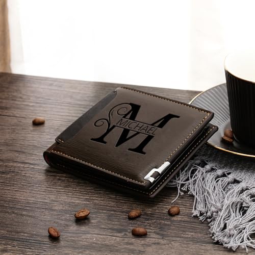 Personalized Leather Wallet for Men - Custom RFID Blocking Wallet with Engraved Name & initial - Ideal Gift for Husband, Dad, Boyfriend, Son, Anniversary Father's Day Gifts (Design 03)3