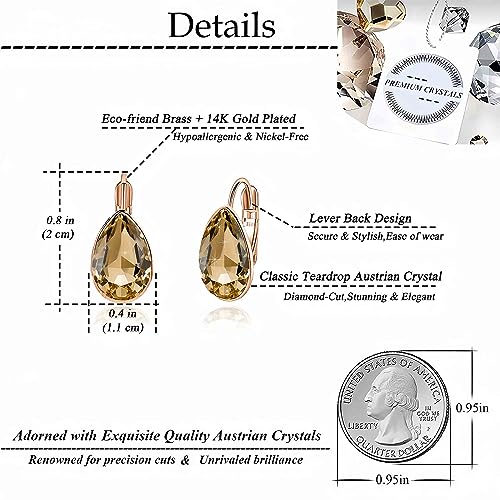 Teardrop Austrian Crystal Leverback Drop Earrings for Women 14K Rose Gold Plated Hypoallergenic Jewelry4