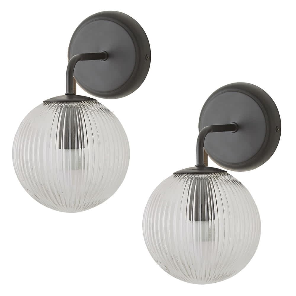 ValueLights | Kempton Pair of Matte Black Ribbed Glass Globe Shade Wall Lights | Wall Lights, Home Décor & Improvement Essential | Mains Wired