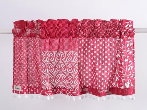 Image of Ravaiyaa - Attitude is everything Hand Printed Half Window Kitchen Curtain 100% Cotton Short Drapery Valance Curtain 40 inch X 18 inch Inch (Magenta Patchwork)