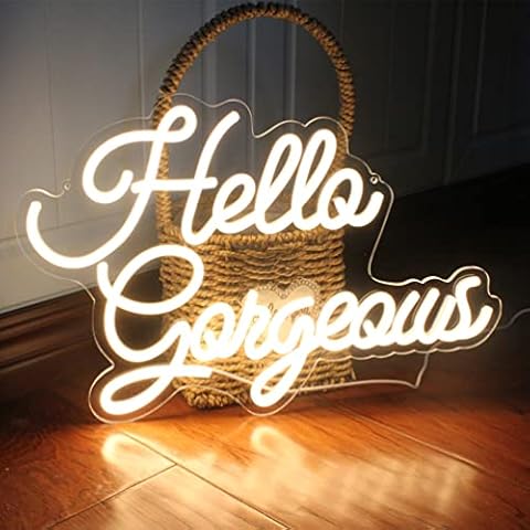 DAKABUKA Hello Gorgeous Neon Signs Hello Beautiful Warm White LED Light for Bedroom Wedding Birthday Backdrop Bacelorette Party Wth Dimmable Switch(5V,16.5X11inches) Cover