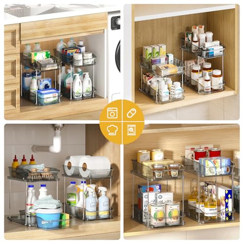 Image of Delamu 2-Tier Under Sink Organizers and Storage, Multi-Purpose Stackable Bathroom Cabinet organizers, Pull Out Kitchen Pantry Organization and Storage with Dividers(4 Pack, Grey)