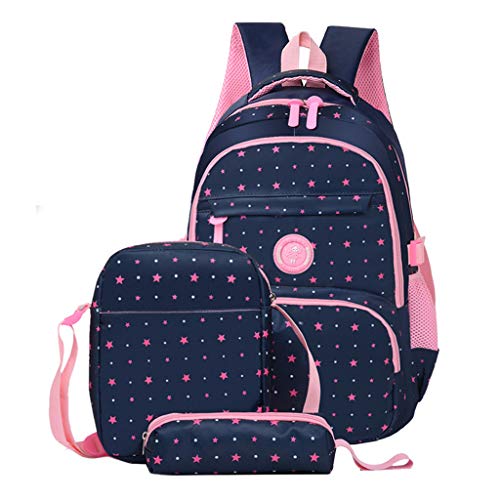 Kinderrucksack 3 Stück Mädchen Grundschultasche Nylon wasserdicht mit isolierten Lunchpaket Federmäppchen für Kinder Tagesrucksack, 6-13 Jahre