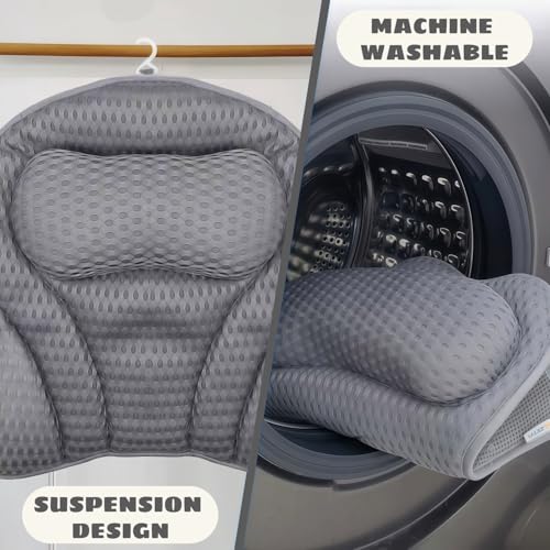 Badewannenkissen Nacken,Badekissen für Badewanne,4D Mesh Kissen für Badewanne mit 6 Saugnäpfen,Badekissen mit Ergonomischer Passform,Stützt Kopf,Nacken,Schultern,Rücken,für Home,Spa,Grau