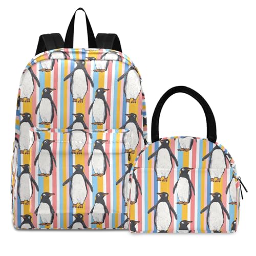 Backpack Lunch Box Set Large Capacity Travel Backpacks and Insulated Lunch Bag for Commute Hiking Picnic Penguin Stripe Print