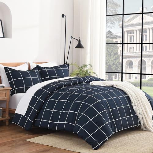Image of Andency Navy Plaid Comforter Twin(66x90Inch), Dark Blue Grid Gingham Buffalo Plaid Bed Set for Boys Kids Teens, 2 Pieces Lightweight Polyester Geometric Preppy Bedding