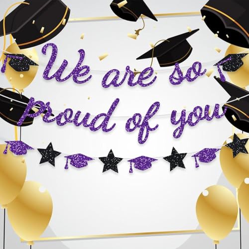 Image of We Are So Proud Of You Banner Graduation Party Decorations Glitter Congratulations Class Grad Ideas Purple