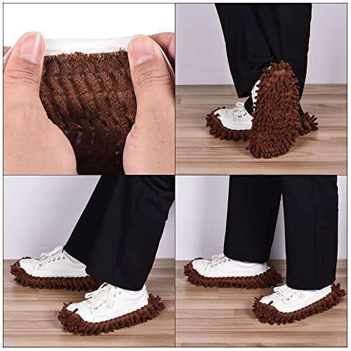 Image of MECCANIXITY Washable Cleaning Shoes Cover Multifunction Chenille Duster Mop Slippers Foot Socks for House Floor, Pack of 6 Brown