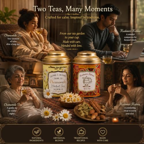 Image of Sancha Tea Boutique, Tea Combo Pack, Chamomile Flower (50g) & Kashmiri Kahwa Teas (75g), Loose Leaves, Real Kahwah & Caffeine Free Herbal Tisane