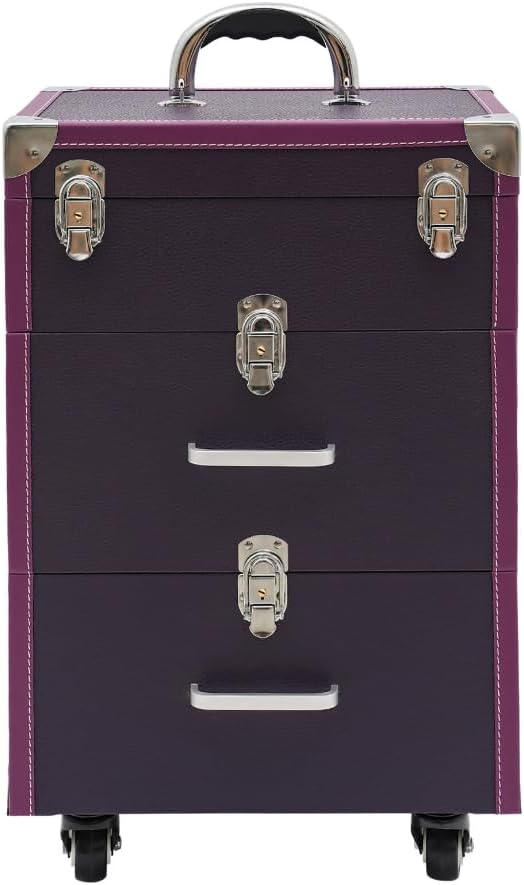 Rolling Makeup Case, Professional Makeup Trolley with 2 Large Drawers and Wheels Cosmetic Organizer Trolley for Studio or Travelling Nail Technician Artists Cosmetologist Stylist (Silver, Purple)