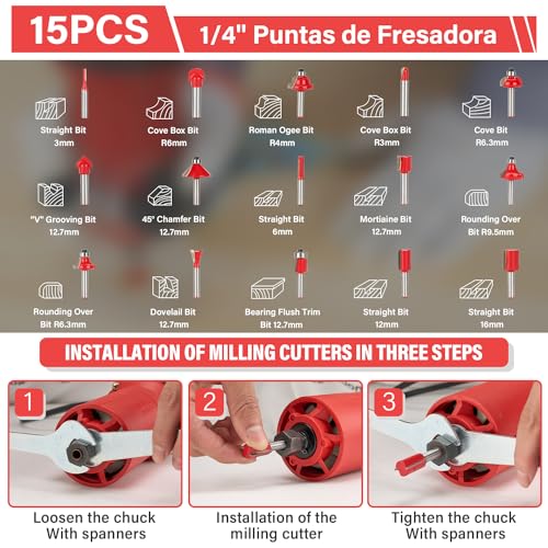 TEENO Compact Wood Router Tool, Electric Hand Wood Trimmer 800W 31000 RPM Hand Trim Router with 15 Pcs 1/4" Bits Set, Edge Guide, Roller Guide with Carrying Case 7 TEENO Compact Wood Router Tool, Electric Hand Wood Trimmer 800W 31000 RPM Hand Trim Router with 15 Pcs 1/4" Bits Set, Edge Guide, Roller Guide with Carrying Case - Image 7