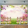 CYLYH 7x5ft Easter Backdrop Spring Easter Photography Backdrop Green Grass Pink Floral Colorful Eggs Rainbow Nature Scenery Background Children Birthday Party Banner Easter Party Backdrop