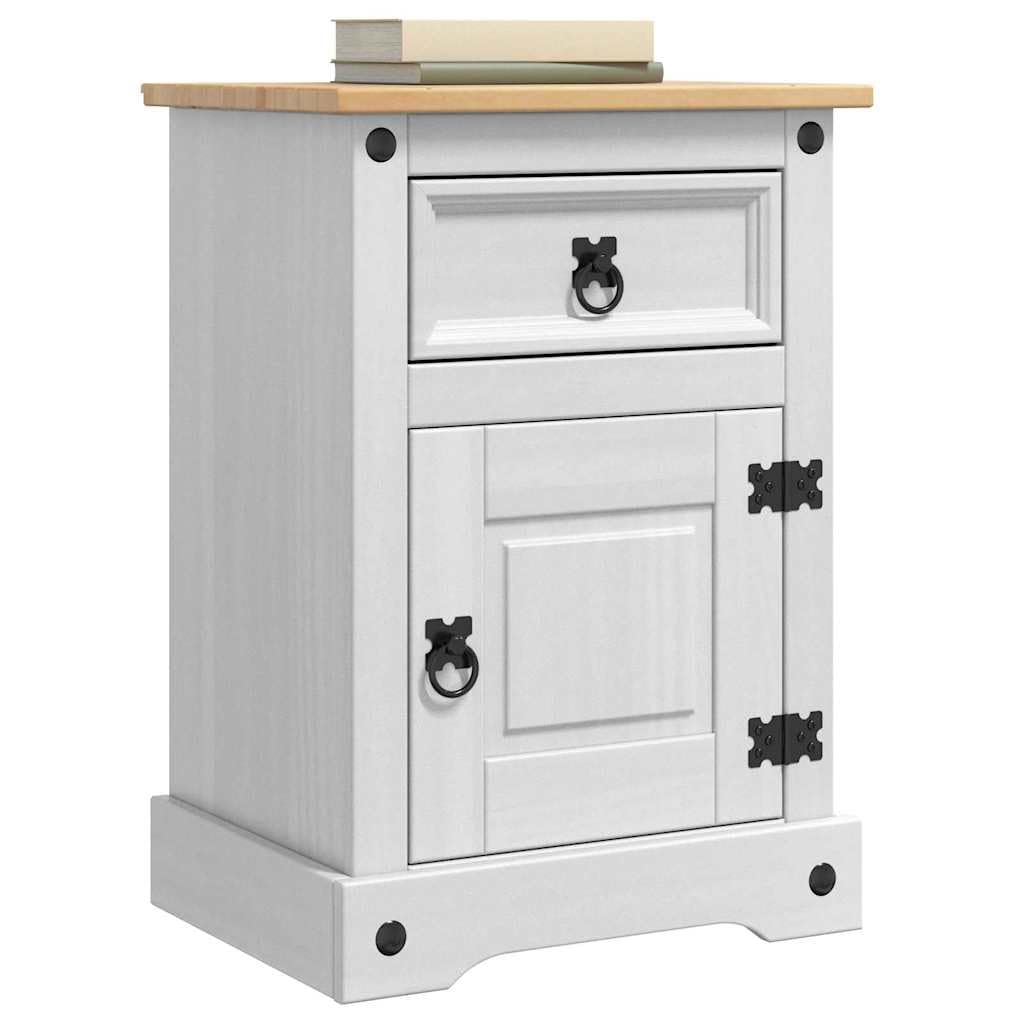 Comodino Corona, bianco, in legno di pino massiccio, 45 x 35 x 64 cm, con cassetto e vano portaoggetti, tavolino versatile per camera da letto, soggiorno, corridoio e camera degli ospiti