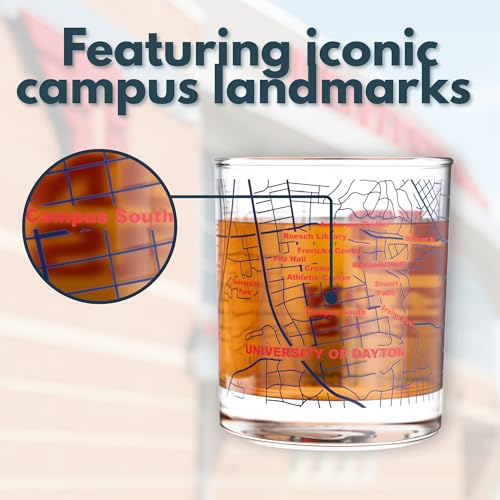 Image of Greenline Goods - University of Dayton Flyers College Whiskey Glasses (Set of 2), 10 oz - Full-Color Logo + Campus Map