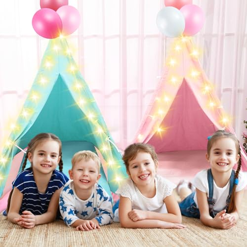 Lemosae 4 Pack Teepee Tent for Kids Slumber Party with Mattress,Fitted Sheet,Light String,Natural Cotton Washable Sleepover Tents for Girls Party Birthday Slumber Movie Night Supplies(Colorful) by Lemosae - Image 5