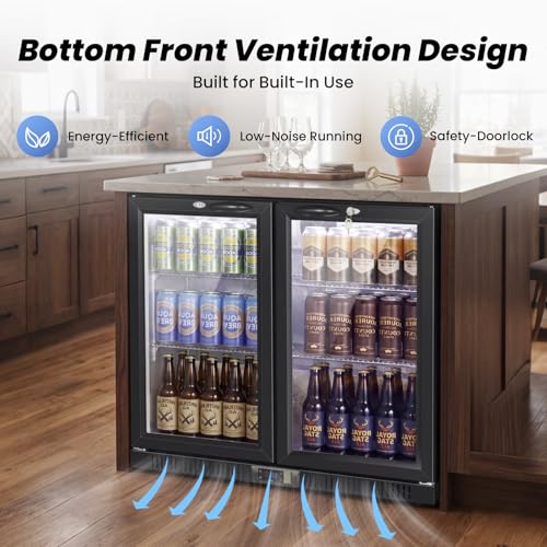 Image of 35.42 inch W Commercial Under Counter Beverage Refrigerator, 2 Glass Door Back Bar Cooler, Built-in /Freestanding 7.4Cuft Drink Fridge with LED Light, Auto Defrost, Low-E Glass & Safety Lock, Rebound door