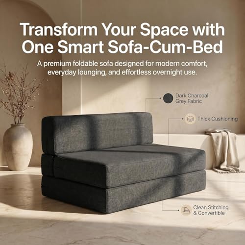 Image of Rhythm Foldable Sofa Cum Bed | 3 Seater Sofabed with 2 Cushions High-Density Foam 3-in-1 Convertible Sofa Cum Bed for Living Room & Bedroom | Jute Fabric Washable with 3 Years Warranty (72x60)