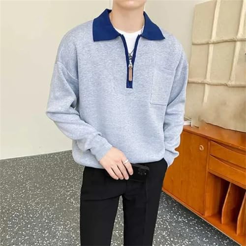 Mnjyihy Men Lapel Zipper Spliced Knitted Sweaters Casual Long Sleeve Business Slim Fit Pullover Sweater with Pockets3