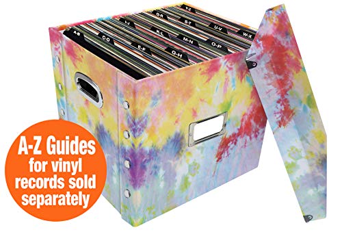 Image of Snap-N-Store 12 In Vinyl Record Box, LP Holder with Lid, Tie Dye | Collapsible crate holds up to 75 vinyl albums, snaps together for easy assembly, stylish shelf display