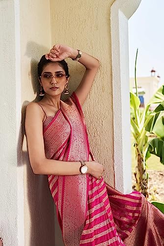Image of Vardha Women's Banarasi Georgette Saree with Unstitched Blouse Piece - Gold Zari Woven Work Sarees for Wedding (Vritika)