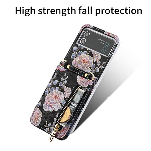 Ximand For Samsung Galaxy Z Flip 4 5G Flower Credit Card Holder Wallet Case With Strap, Rose Pattern Crossbody Purse Floral Kickstand For Women, Cute And Charming.(Black) #TOP6