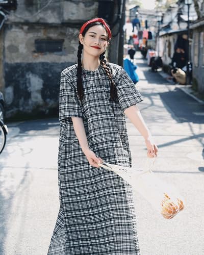 Women\'s Summer Short Sleeve Cotton Blend Cheongsam Qipao Loose Chinese Style Colorful Buttons Round Neck Dress (US, Alpha, Medium, Regular, Regular, Black and White)