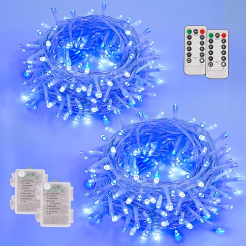 YEGUO Battery Operated String Lights, 2 Pack Each 33ft 100 LED Twinkle Fairy Lights Outdoor Waterproof, 8 Modes Clear Wire Blue and White Christmas Lights Indoor with Remote by YEGUO - Used condition - US$17.52
